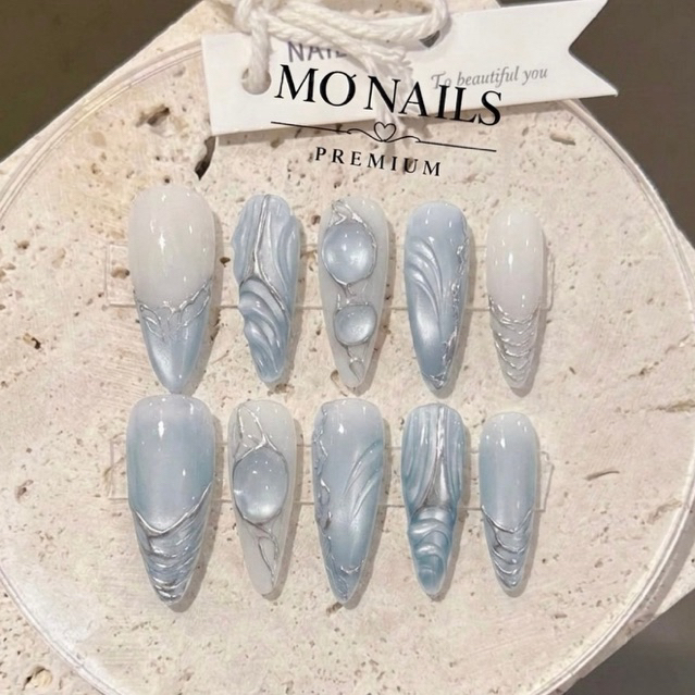 Nailbox Thiết Kế, Móng Úp, Móng Tay Giả Thạch Xanh Ngọc Đi Biển Mắt Mèo Ánh Trăng Vẽ Nổi Đẹp Sang P54