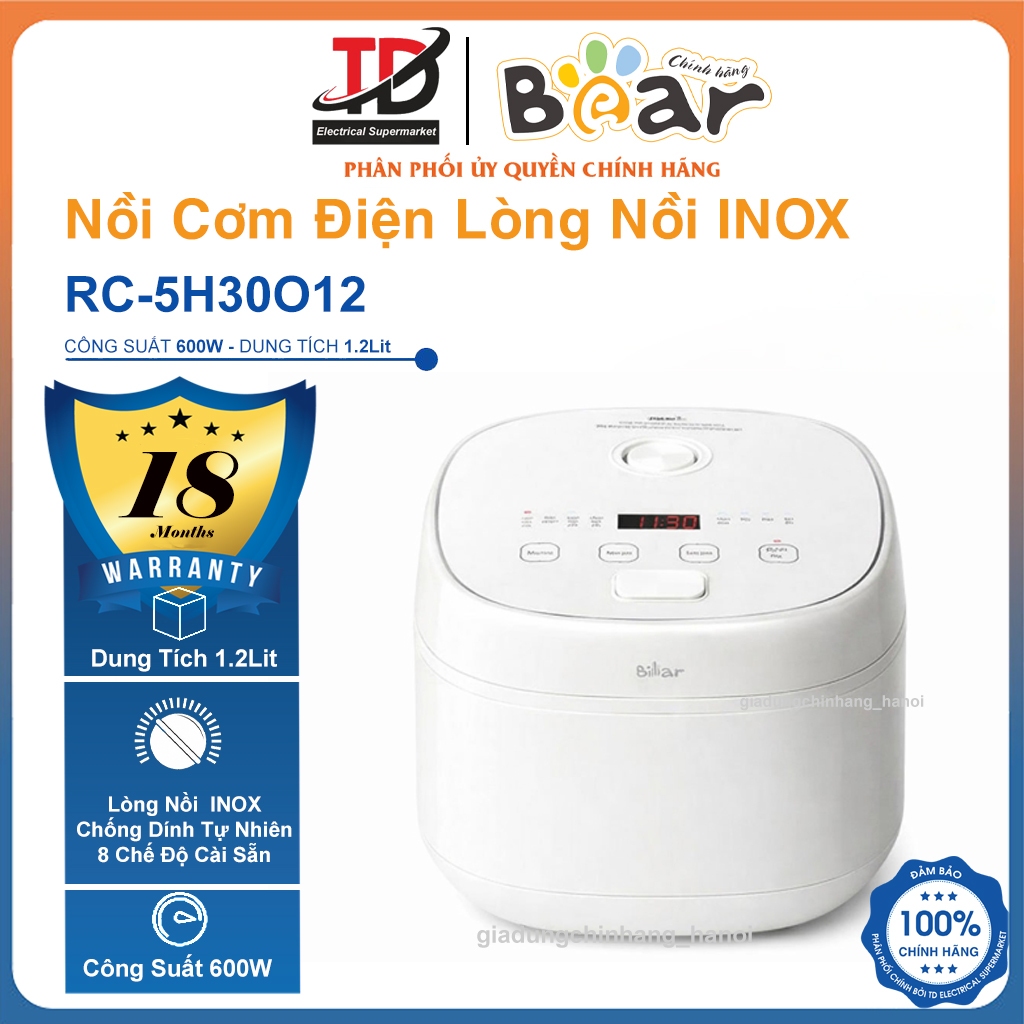 Nồi Cơm Điện Bear RC-5H30O12, Lòng Nồi Inox 316 Dung Tích 1.2Lit , 8 Chế Độ Cài Sẵn, Hàng Chính Hãng