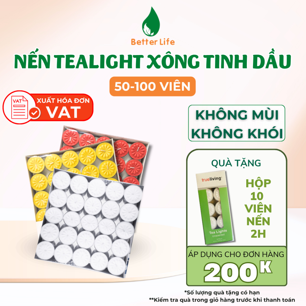 Nến Tealight xông tinh dầu, đèn cầy viên tròn xông thảo mộc, thắp trang trí, 100 viên cháy 4 giờ