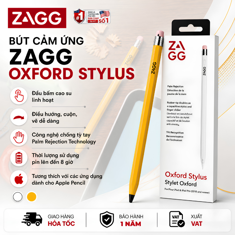 [TẶNG CỦ 20W] Bút Cảm Ứng iPad ZAGG Oxford Stylus Dành Cho iPad Air/Pro 2018–2025, Sạc USB-C, Bảo Hành 1 Năm