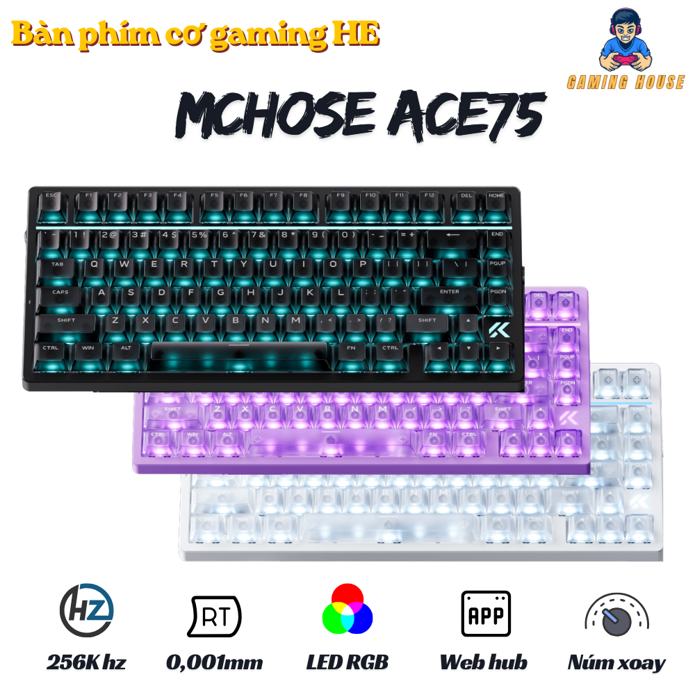 Bàn phím cơ Rapiad Trigger  HE Mchose ACE75 8K poling Rate - LED RGB - App marco - Núm xoay - RT 0,1 - Plate Fr4