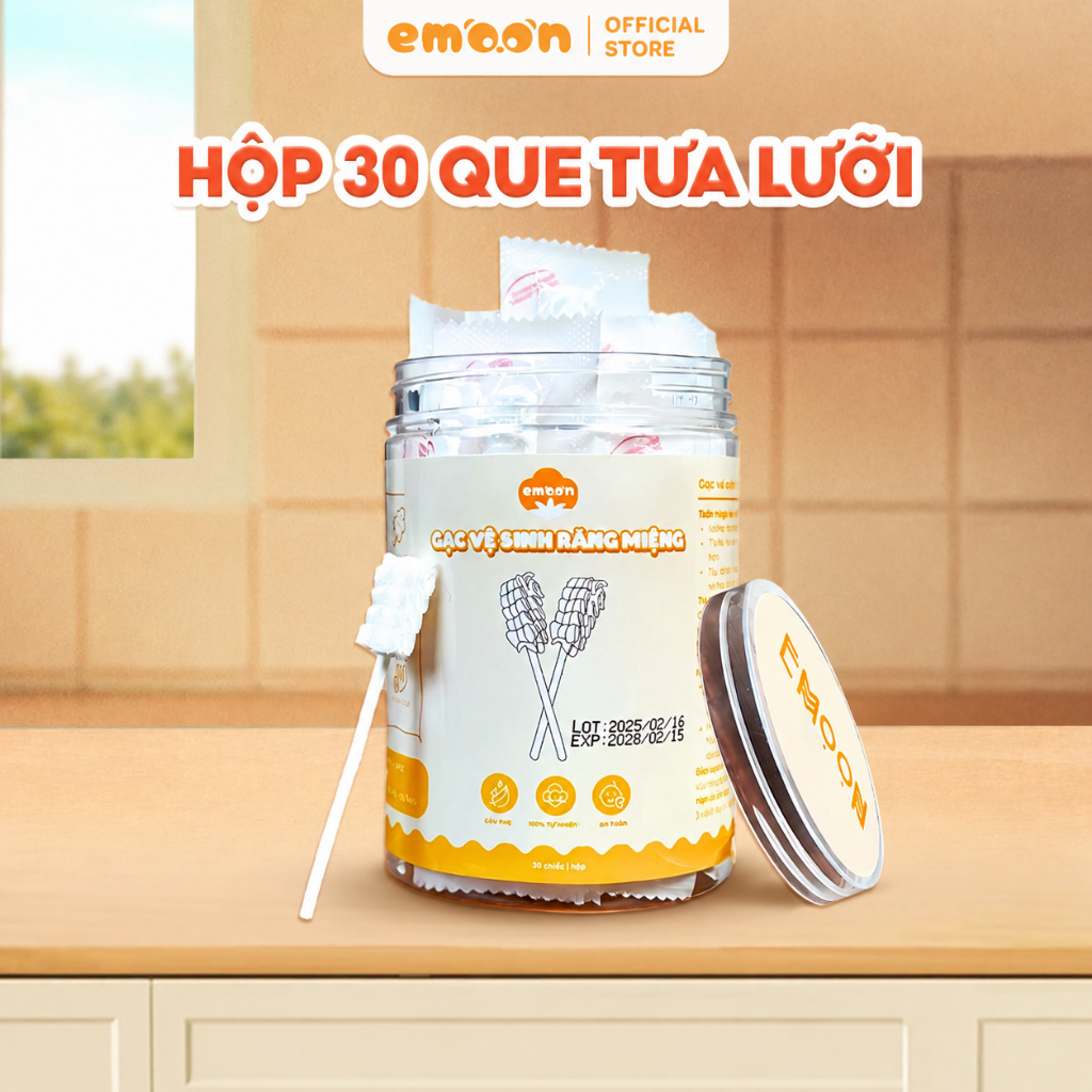 Que rơ lưỡi vệ sinh răng miệng cho bé Emoon cao cấp chất liệu bông mềm tiệt trùng cho bé từ 0-2 tuổi