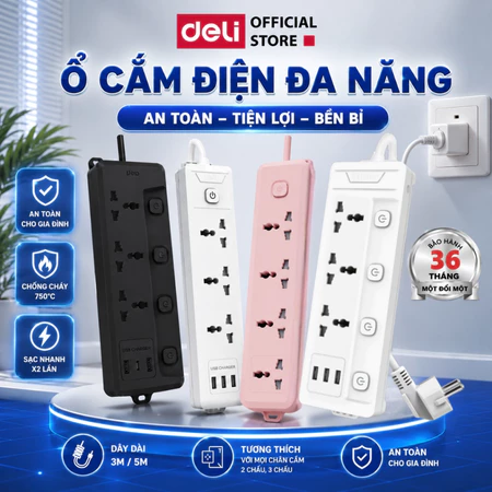Ổ Điện Đa Năng DELI Công Suất 2500W Ổ Cắm Điện 3 Lỗ có Công Tắc Đèn Led Sạc Nhanh 20W TypeC USB Chống Giật Dây Dài 3M/5
