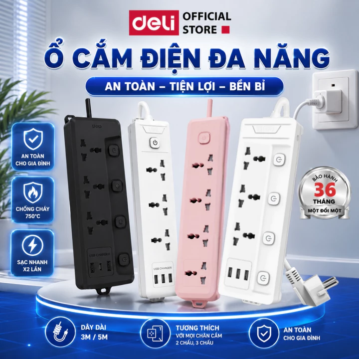 Ổ Điện Đa Năng DELI Công Suất 2500W Ổ Cắm Điện 3 Lỗ có Công Tắc Đèn Led Sạc Nhanh 20W TypeC USB Chống Giật Dây Dài 3M/5