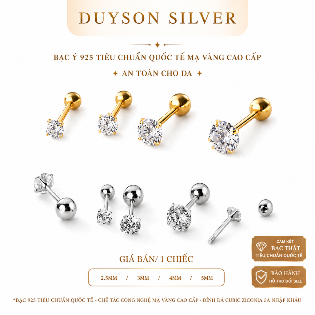Khuyên tai nam nữ Duyson Silver bạc 925 mạ vàng trắng, vàng 18k nụ đá chốt vặn KCBX1