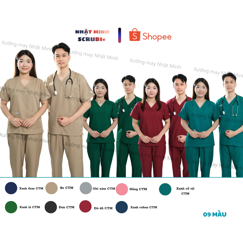 Bộ Scrubs cổ tim chất vải Cotton lạnh, chính hãng SCRUBI+, bộ đồ bác sỹ, kỹ thuật viên, đồ bộ y tế, spa