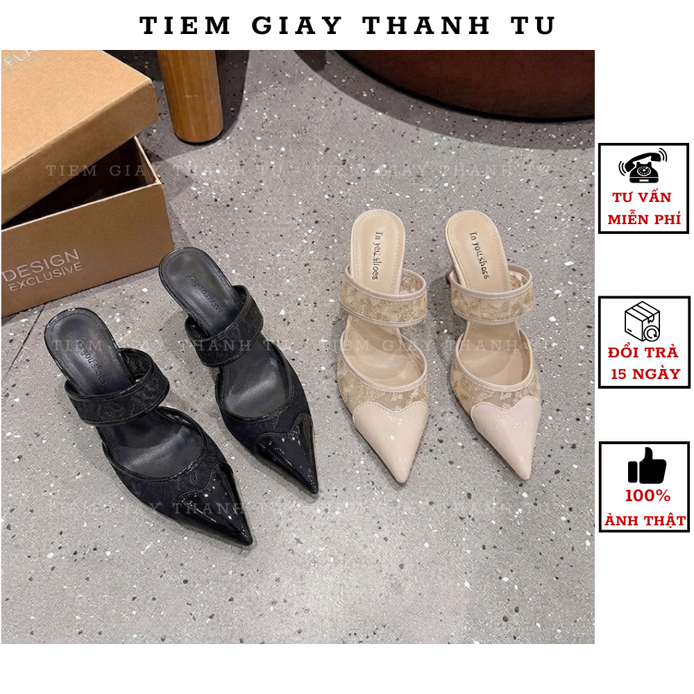 L810-1 Guốc cao gót nữ phối ren sang trọng, giày sục mũi nhọn gót mảnh thời trang đi tiệc