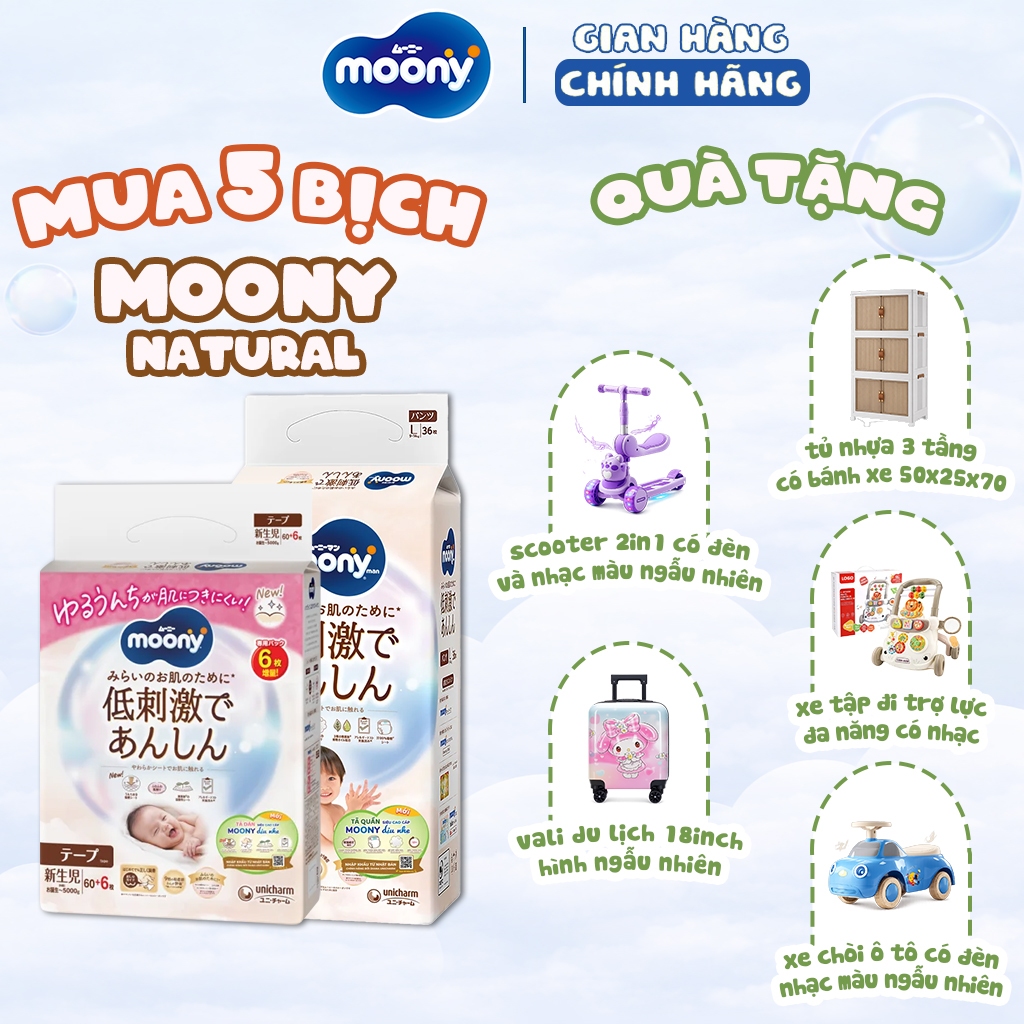 [DEAL QUÀ SỐC] 5 BỊCH Tã/Bỉm Moony Dịu Nhẹ NB66/S60/M46/L38 - M46/L36/XL32 | Nhập Khẩu Nhật Bản