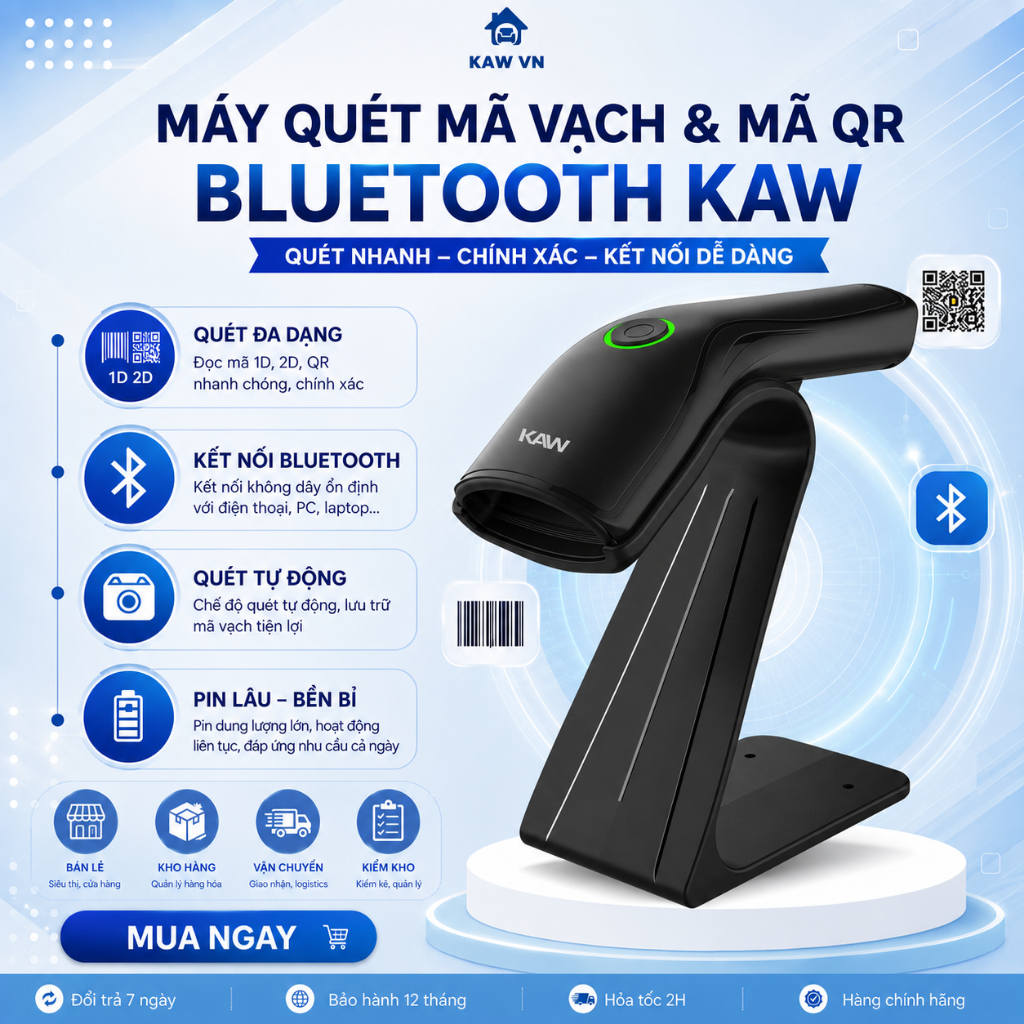 Máy quét mã vạch không dây Bluetooth KAW cao cấp, quét mã vạch, quét mã QR, kết nối điện thoại