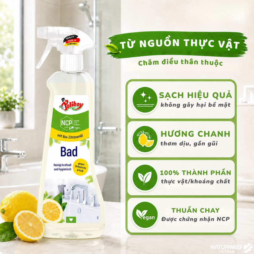 Xịt Tẩy Cặn Canxi Poliboy Nội Địa Đức - Hữu Cơ, Vệ Sinh Nhà Tắm, Sạch Vách Kính, Vòi Inox 500ml | BigBuy360 - bigbuy360.vn