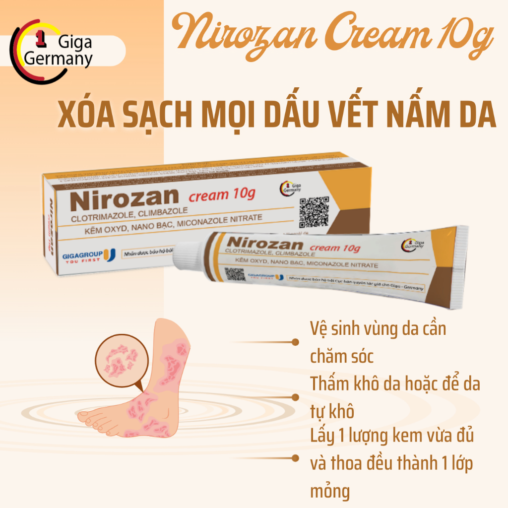 Nirozan cream bôi nấm ngoài da, lang ben tuýp 10g GIGA GERMANY | BigBuy360 - bigbuy360.vn