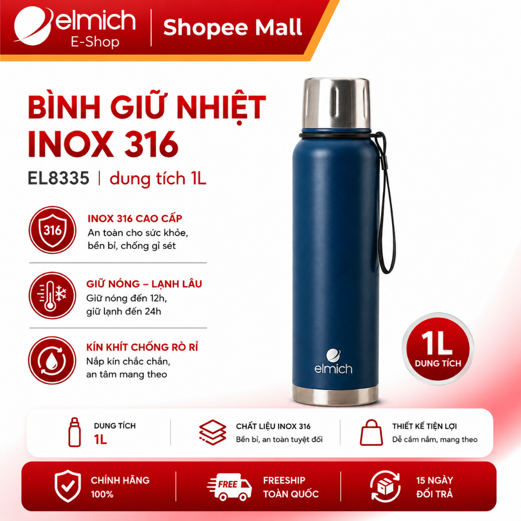 Bình Giữ Nhiệt 1 Lít Elmich EL-8335 | Bình Nước Giữ Nhiệt INOX 316, Có Quai Xách, Elmich Chính Hãng | BigBuy360 - bigbuy360.vn
