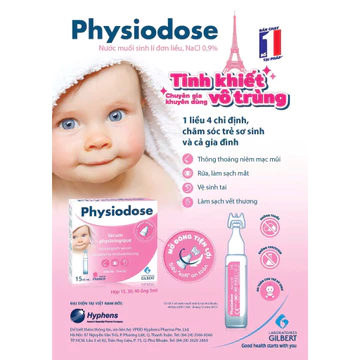 Nước Muối Sinh Lý Physiodose Pháp tép Hồng cho trẻ sơ sinh Vệ sinh mắt, mũi, miệng cho bé date 6/26
