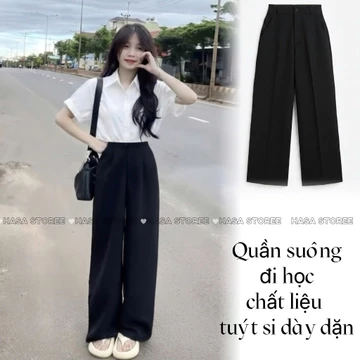 Quần tây nữ đi học ống suông, quần tây ống rộng nữ học sinh đi học đi làm màu đen chất vải Tuýt Si dài 91-95cm nữ M141
