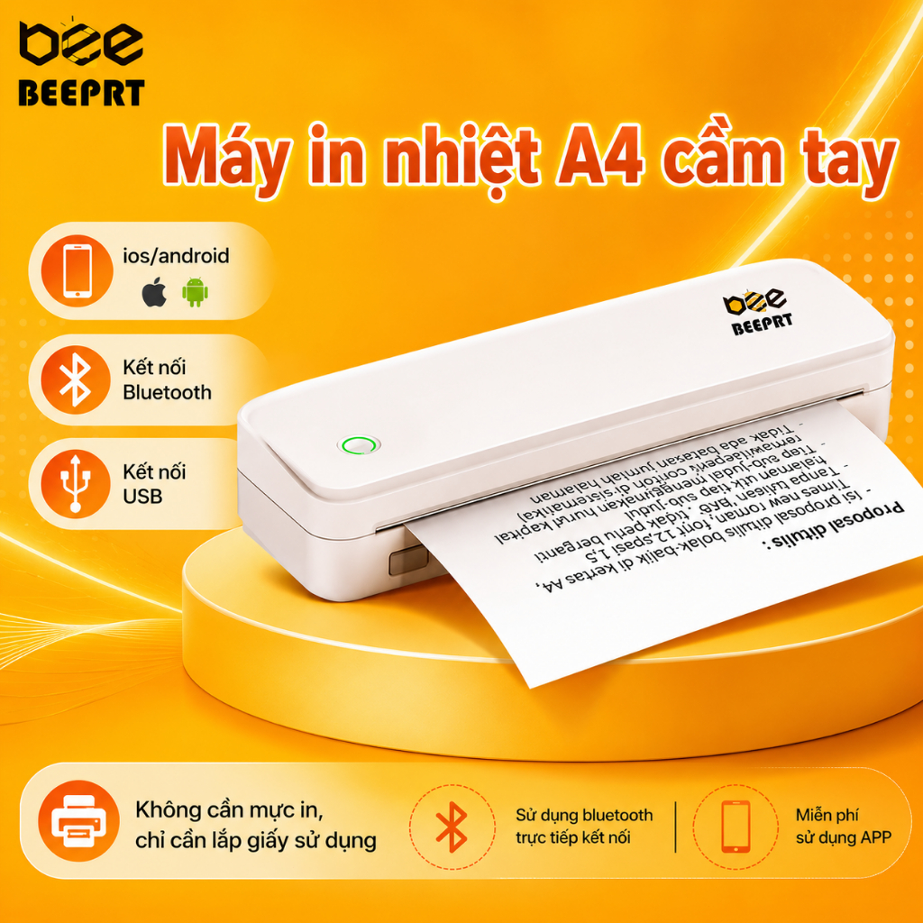 Beeprt Máy In Nhiệt Khổ A4 Không Mực - Kết Nối Bluetooth/USB, Hỗ Trợ Android/iOS, In Đa Định Dạng