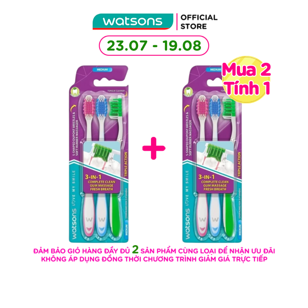 Bàn Chải Đánh Răng Watsons Triple Action Toothbrush (Medium) 3s
