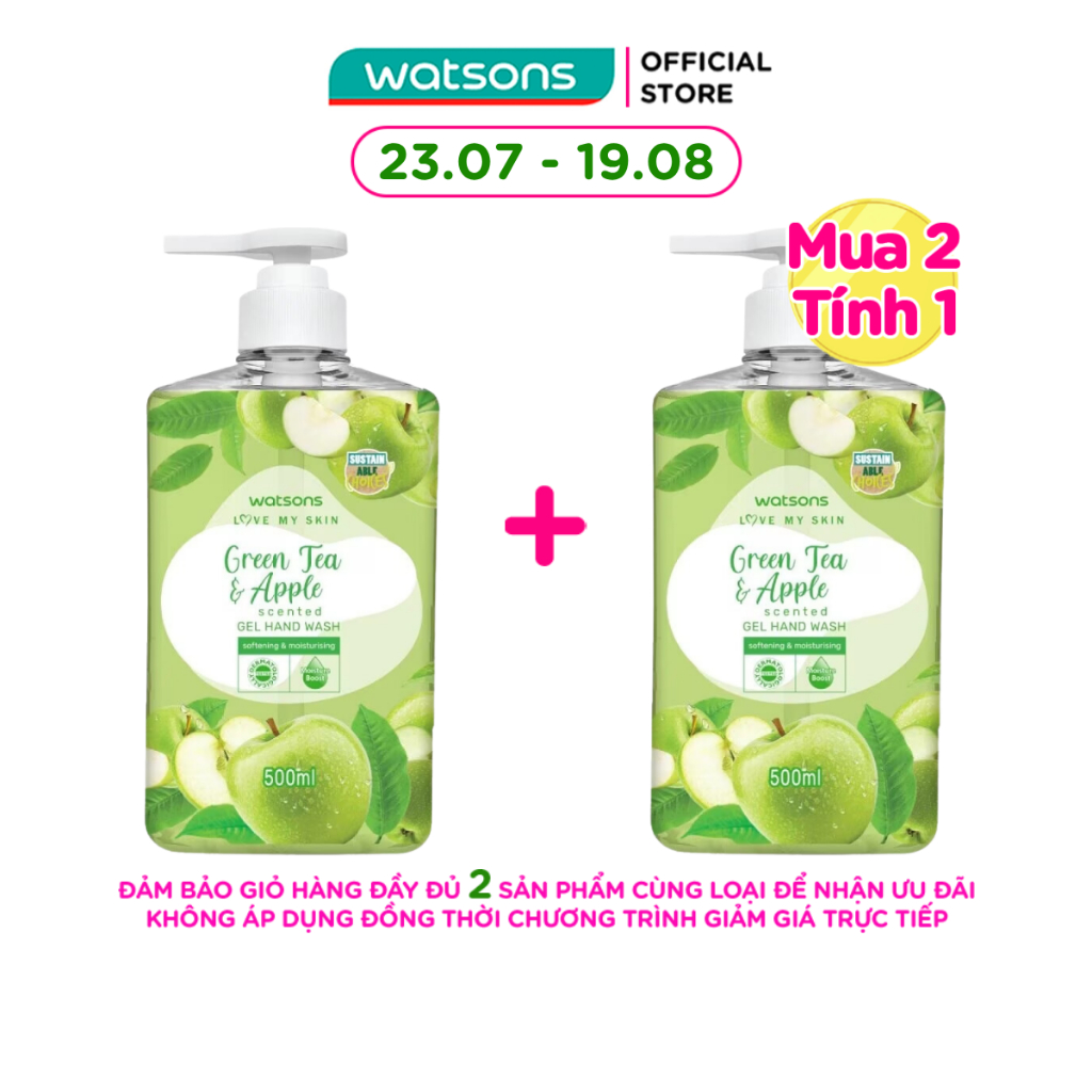 Gel Rửa Tay Watsons Love My Skin Green Tea Apple Scented Gel Hand Wash 500ml