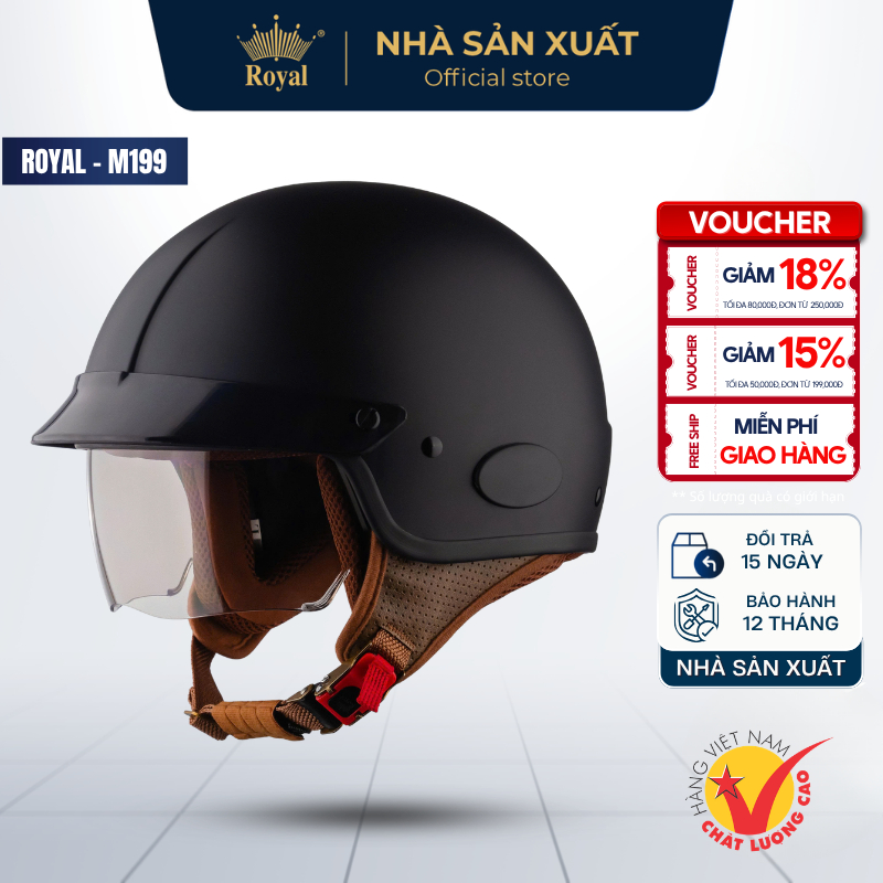 Mũ Bảo Hiểm Royal M199 Kính Âm Nửa mặt Form 2/3 Cho Nam Nữ - Nón Bảo Hiểm Royal Chính Hãng Có Kính