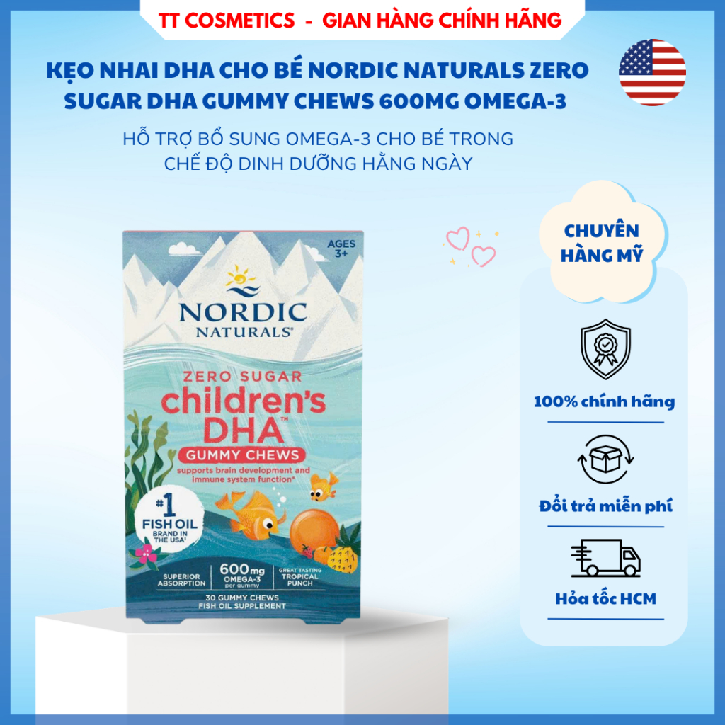 Kẹo Nhai DHA Cho Bé Nordic Naturals Zero Sugar Children’s DHA Gummy Chews 600mg Omega-3