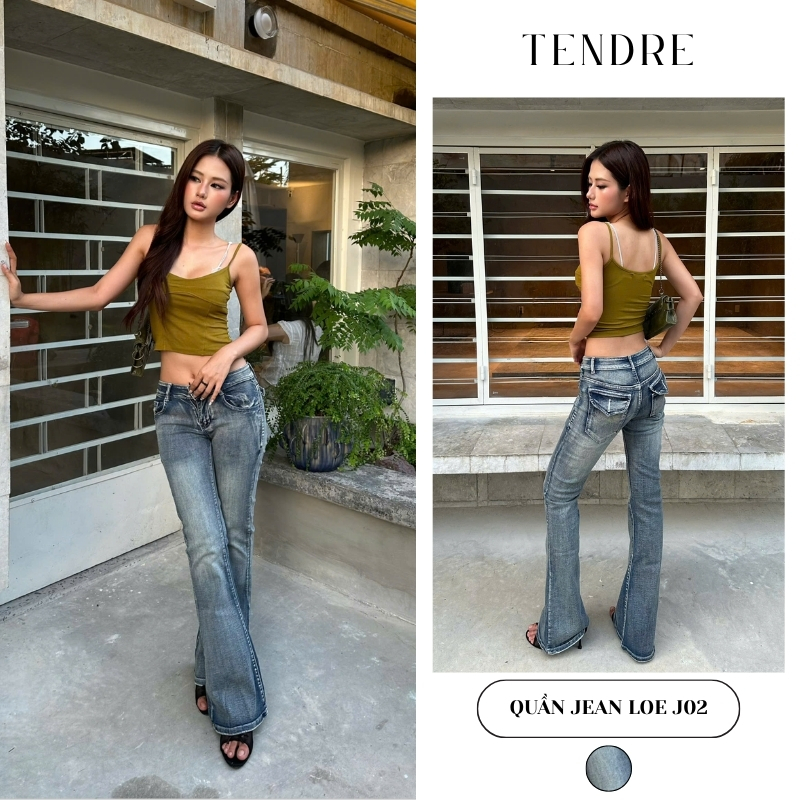 TENDRE - Quần Jean Ống Loe Cạp Thấp Đáy Ngắn Cá Tính, Quần Jean Denim Form Loe Ôm Body Tôn Dáng Phong Cách Y2K J02