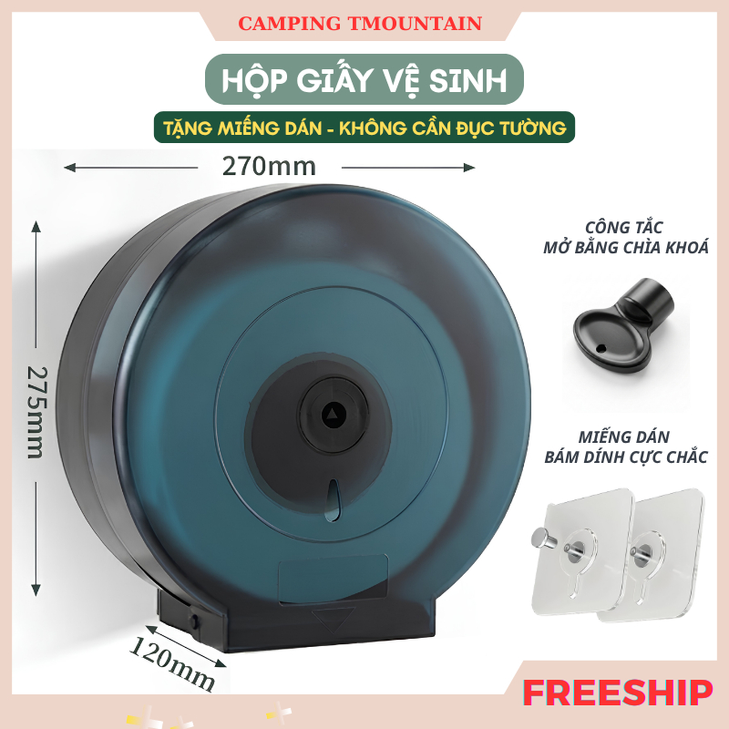 Hộp Đựng Giấy Vệ Sinh Cuộn Lớn Nhựa PP Trong Nhà Vệ Sinh Công Nghiệp Treo Tường, tặng miếng dán