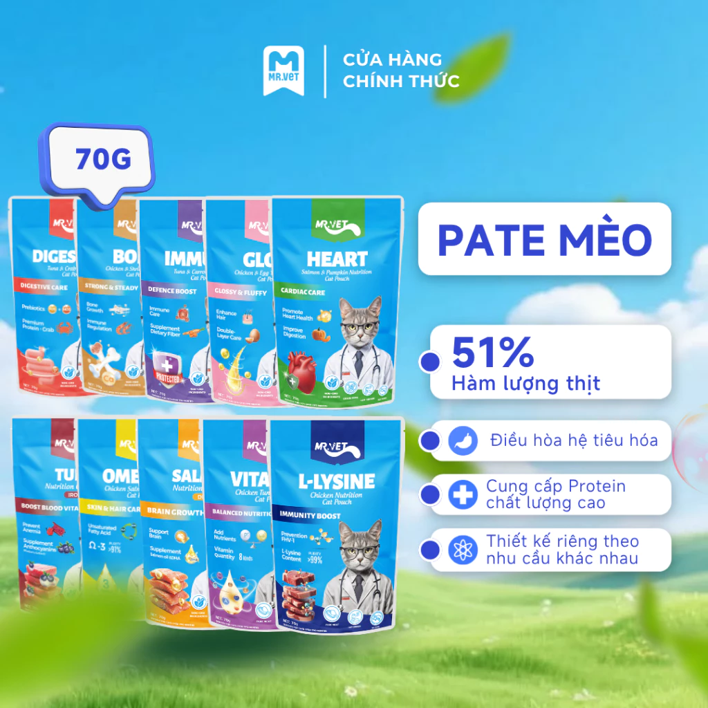 Thức Ăn Cho Mèo MRVET Dạng Pate Túi 70G, 51% Thịt Thật, Sáng Mắt, Mượt Lông, Tăng Cường Đề Kháng