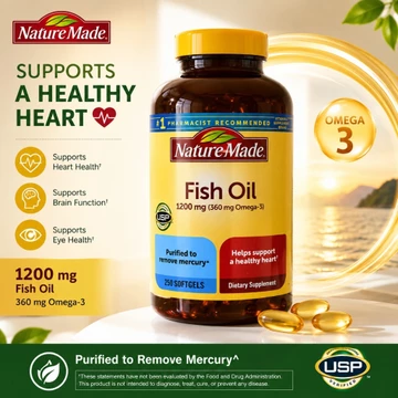 Nature Made Fish Oil 1200mg 250 Viên Nang Mềm - Bổ Sung Omega-3 360mg Hỗ Trợ Tim Mạch, Não Bộ Và Mắt