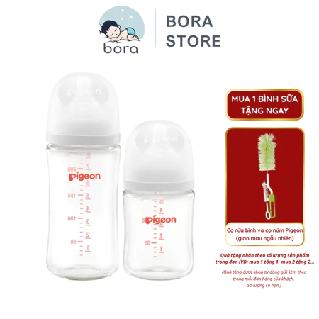 Bình sữa Pigeon thuỷ tinh cổ rộng 160ml/240ml thế hệ III, được chọn núm