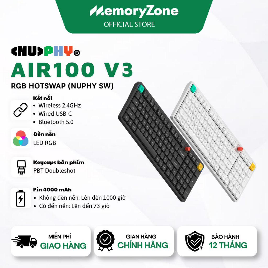 [CHÍNH HÃNG] Bàn phím cơ không dây NuPhy Air100 V3 RGB Hotswap (Nuphy Sw) - Led RGB , Kết nối 3 Mode, Pin 1000 Giờ