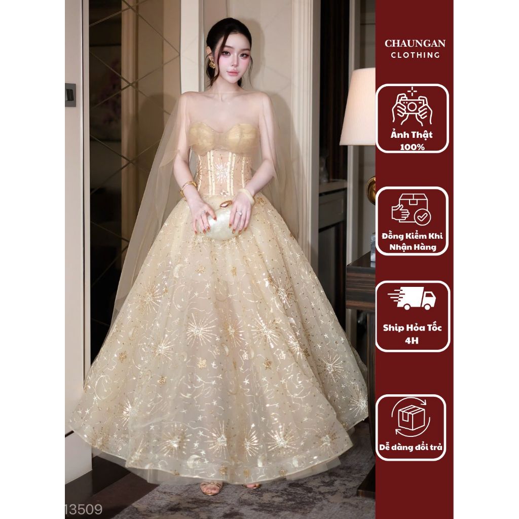 Váy Cúp Ngực Dáng Dài Kèm Áo Choàng Thêu Họa Tiết Sang Trọng - Đầm Maxi Dự Tiệc Đi Chơi Phong Cách Tiểu Thư