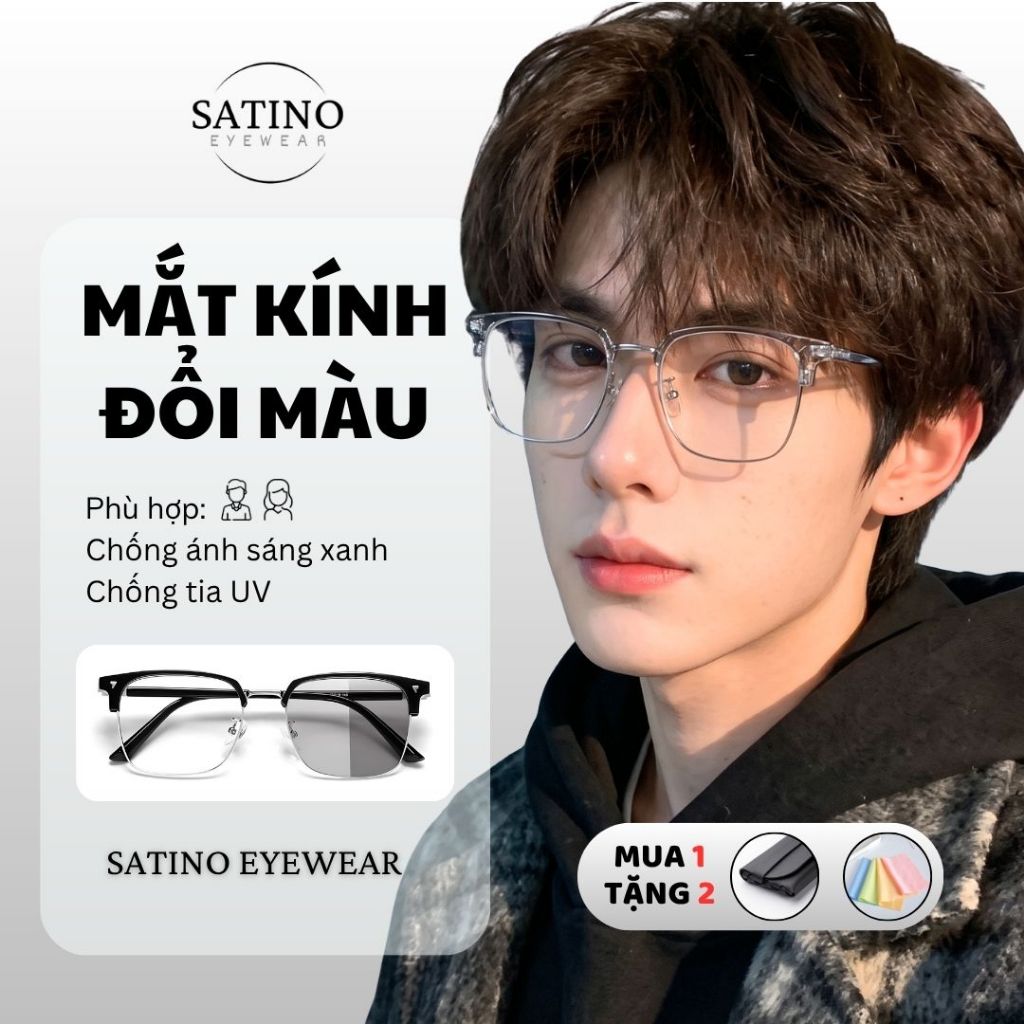Mắt kính đổi màu cận nam nữ SATINO gọng nửa viền vuông kim loại chống ánh sáng xanh uv phong cách hàn quốc kính mắt S15.