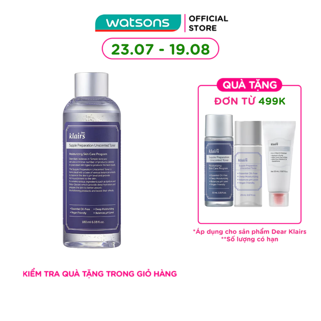 Nước hoa hồng Dear Klairs Supple Preparation Unscented 180ml
