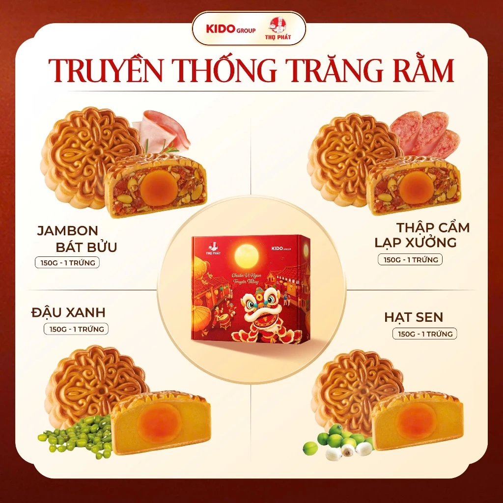 [ĐỘC QUYỀN SHOPEE] Bánh Trung Thu THỌ PHÁT - Kido Group - Combo Truyền Thống Trăng Rằm gồm 4 Bánh loại 1 trứng 150g