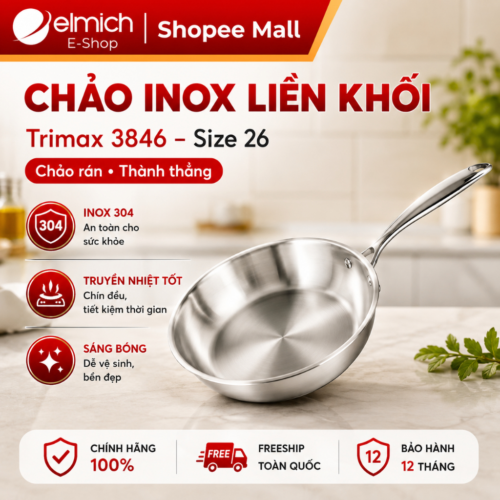 Chảo Inox 304 Nguyên Khối Elmich Trimax EL-3846 | Chảo Rán Thành Thẳng, Dùng Bếp Từ | BigBuy360 - bigbuy360.vn