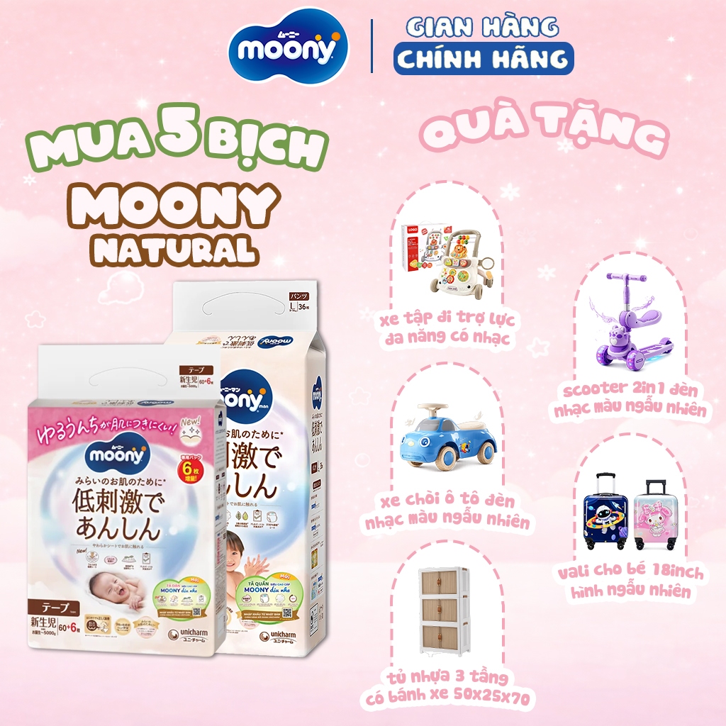 [DEAL SIÊU QUÀ] 5 Bịch Tã/Bỉm Moony Natural Nhập Khẩu Nhật Bản NB66/S60/M46/L38 - M46/L36/XL32
