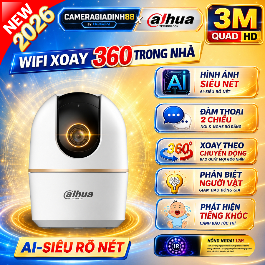 Camera Wifi Dahua Hero A1 DH-H3AE 3MP Xoay 360–AI Theo Dõi Chuyển Động–Đàm Thoại 2 Chiều–BH 24 Tháng