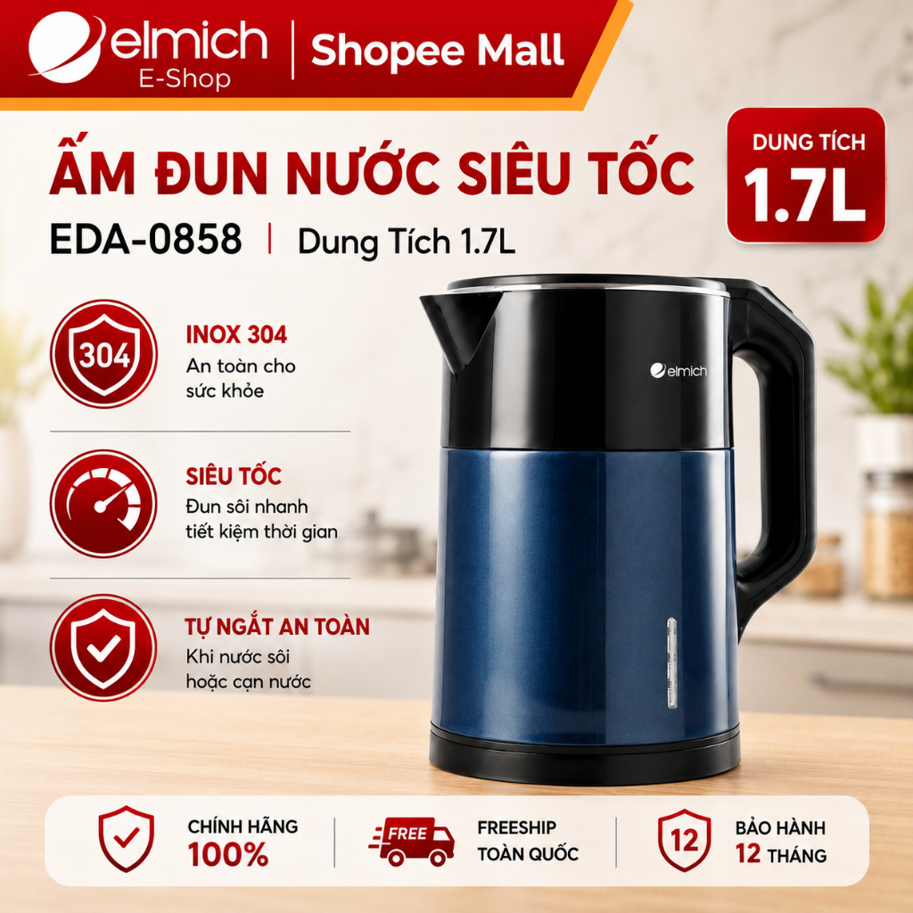 Ấm Siêu Tốc Elmich EDA-0858 | Dung Tích 1.7L, Công Suất 1500W, Ấm Đun Siêu Tốc Elmich Chính Hãng 