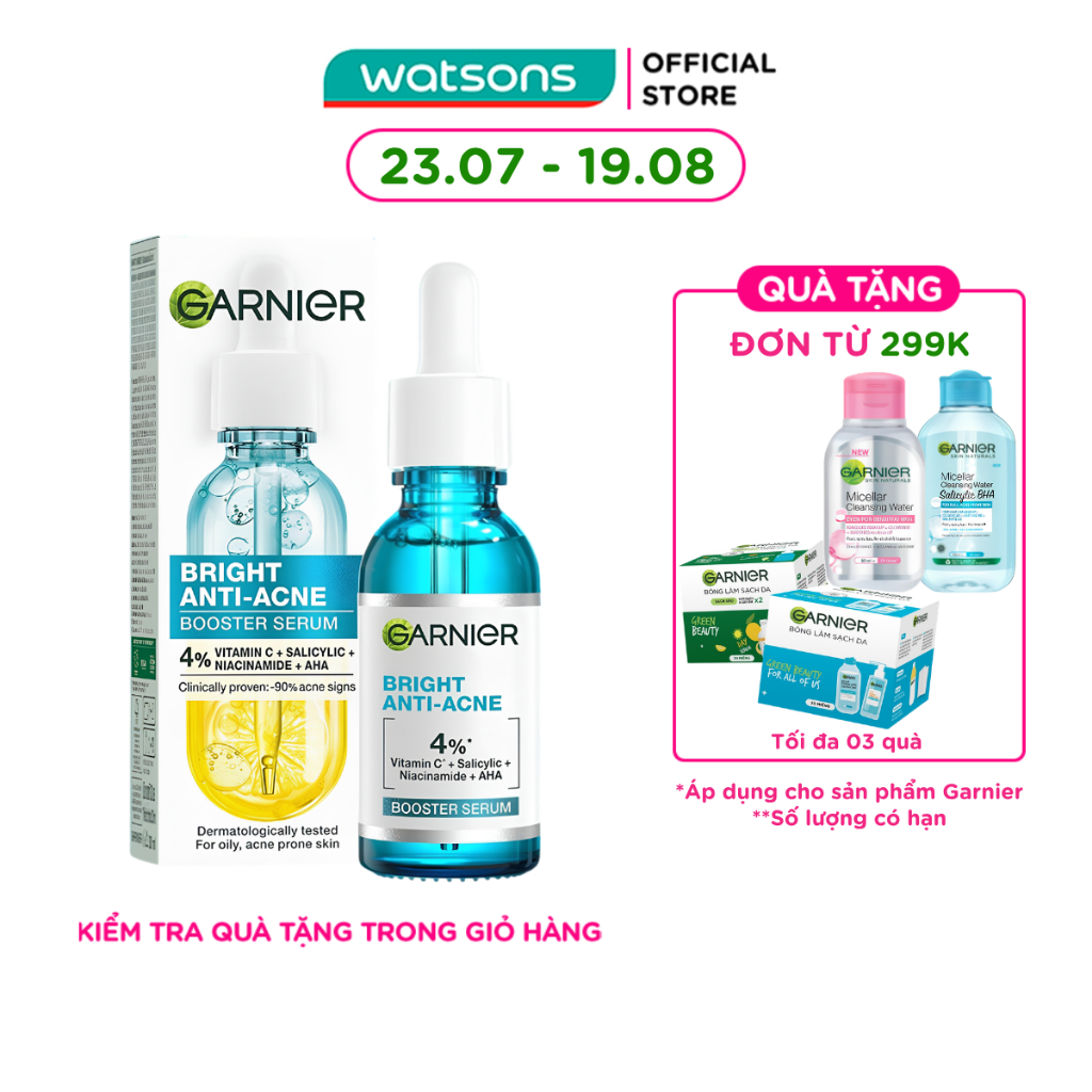 Dưỡng Chất Garnier Giảm Mụn Sáng Da Skin Naturals Bright Anti-Acne Booster Serum 30ml