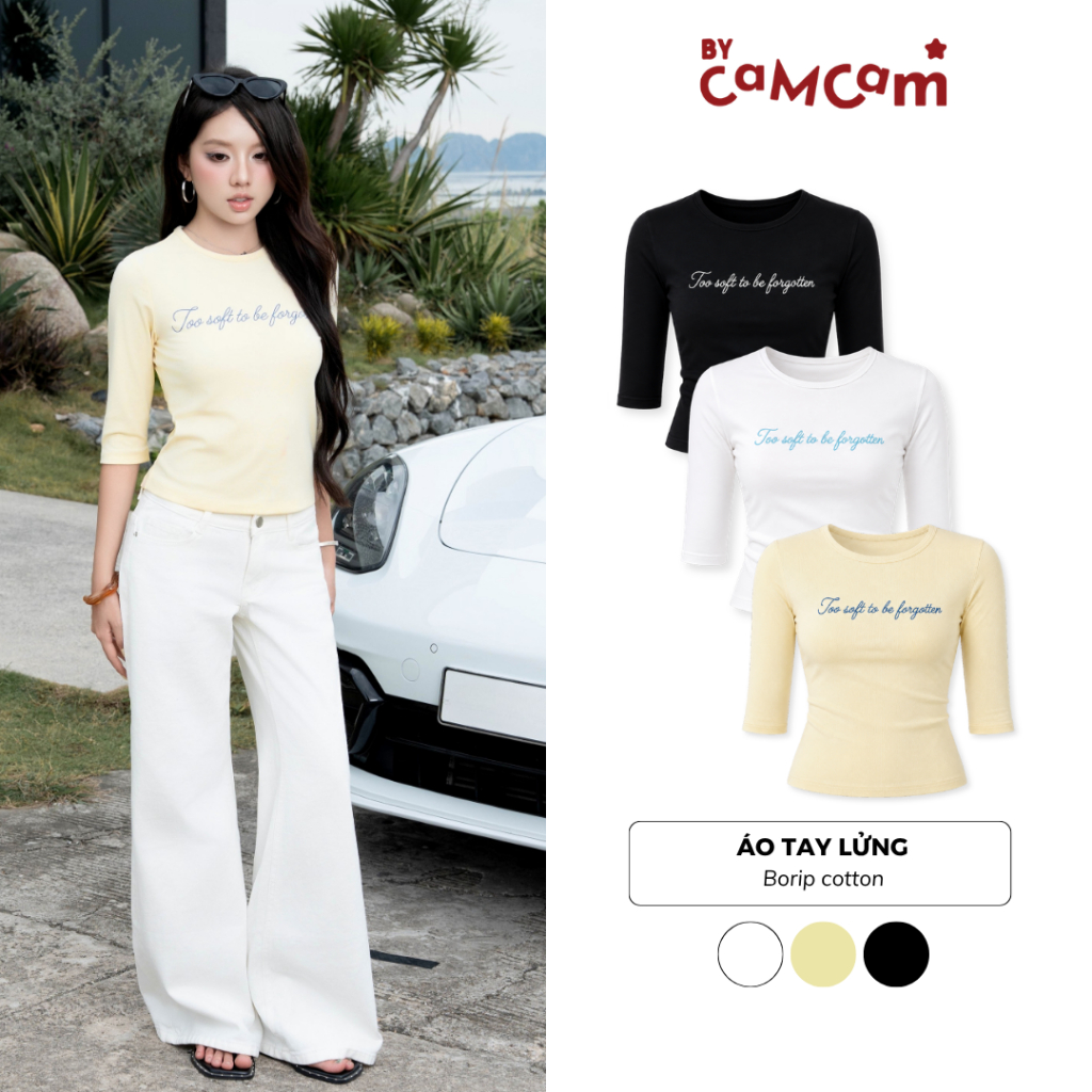 [BST STAY SUMMER] Áo Thun Tay Lửng 𝑩𝒚𝒄𝒂𝒎𝒄𝒂𝒎 Màu Trơn In Chữ Nổi Nữ Tính Hàn Quốc ABL680