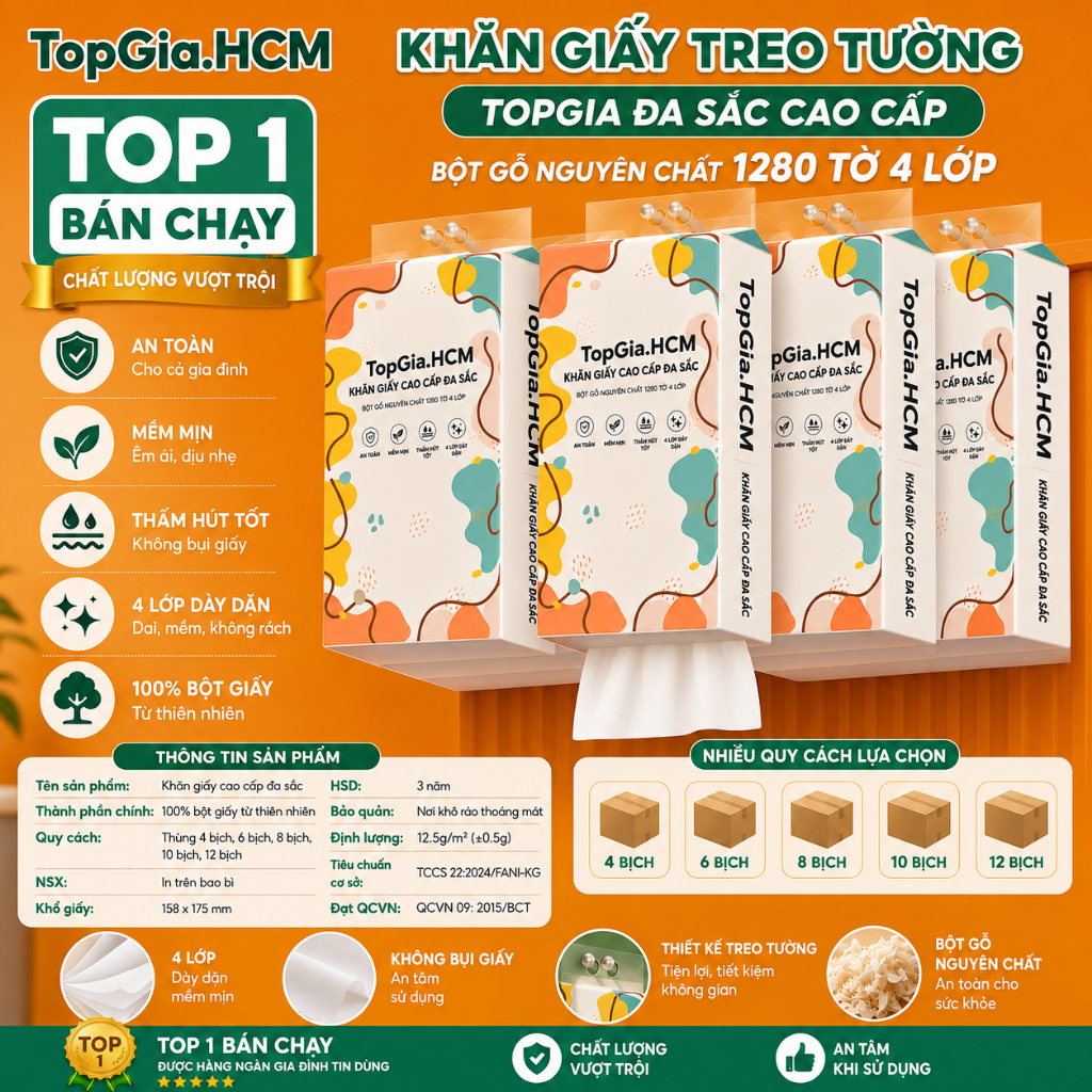 Khăn Giấy Treo Tường TopGia Đa Sắc Cao Cấp 1280 Tờ 4 Lớp - Bột Gỗ Nguyên Chất, Mềm Mịn, Dai Thấm Hút Tốt