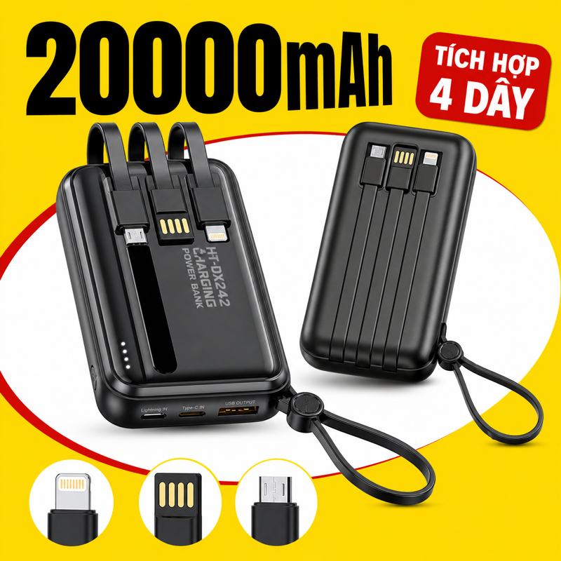 Pin Sạc Dự Phòng 20000mAh Tích Hợp 4 Cáp, Màn Hình LED, Type-C Lightning Micro USB, Nhỏ Gọn