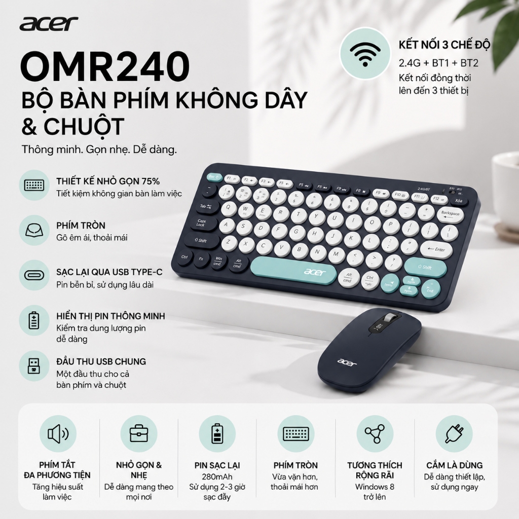 Bộ Bàn Phím Chuột Không Dây Acer OKR 215 | 2.4GHz & Bluetooth Cho Laptop PC Mac, iPad & ĐT | BigBuy360 - bigbuy360.vn