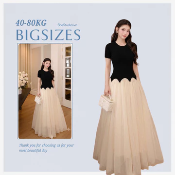 Váy Dáng Xòe ̣ Thon Gọn, Váy Zip Phối Chân Váy Tơ Mặc Đi Chơi, Đi Tiệc có Bigsize By She Studio
