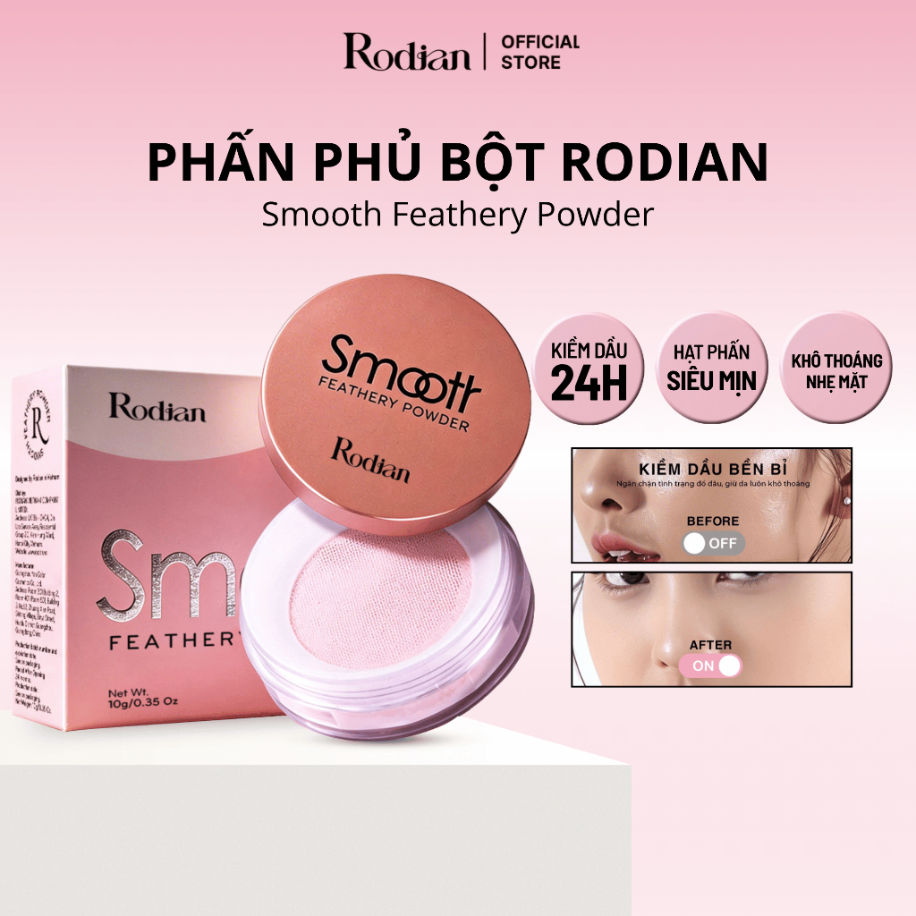 Phấn Phủ Bột Kiềm Dầu Rodian Smooth Feathery Powder 10g - Chống Nước, Lâu Trôi, Giữ Lớp Nền Tự Nhiên