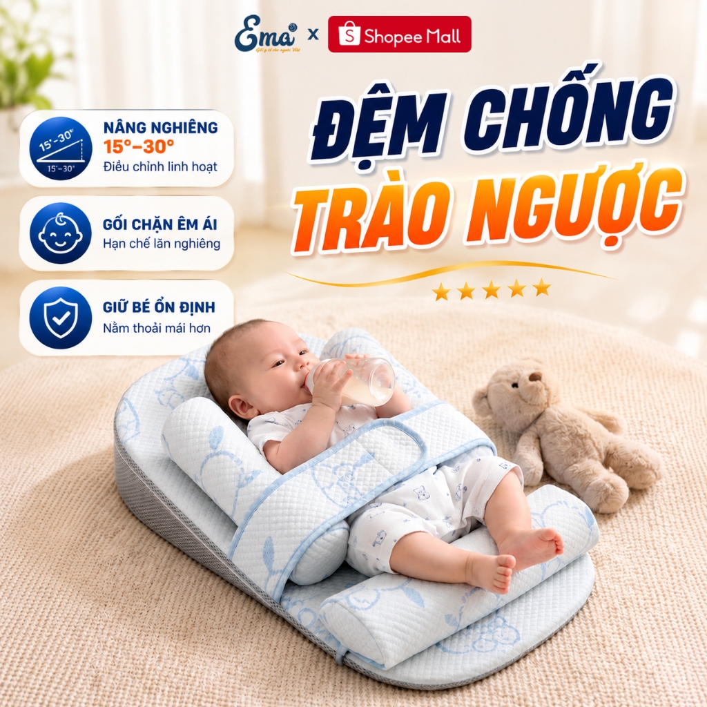 Đệm Chống Trào Ngược Cao Cấp EMA Kiêm Nôi Ngủ Chung Giường 15° - 30°- Bé Ngủ Ngon An Toàn Tuyệt Đối