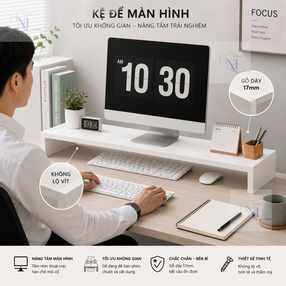 Kệ để màn hình KHÔNG LỘ VÍT, Kệ gỗ để máy tính, Kệ trang trí góc học tập, Gỗ dày 17,5mm không cong