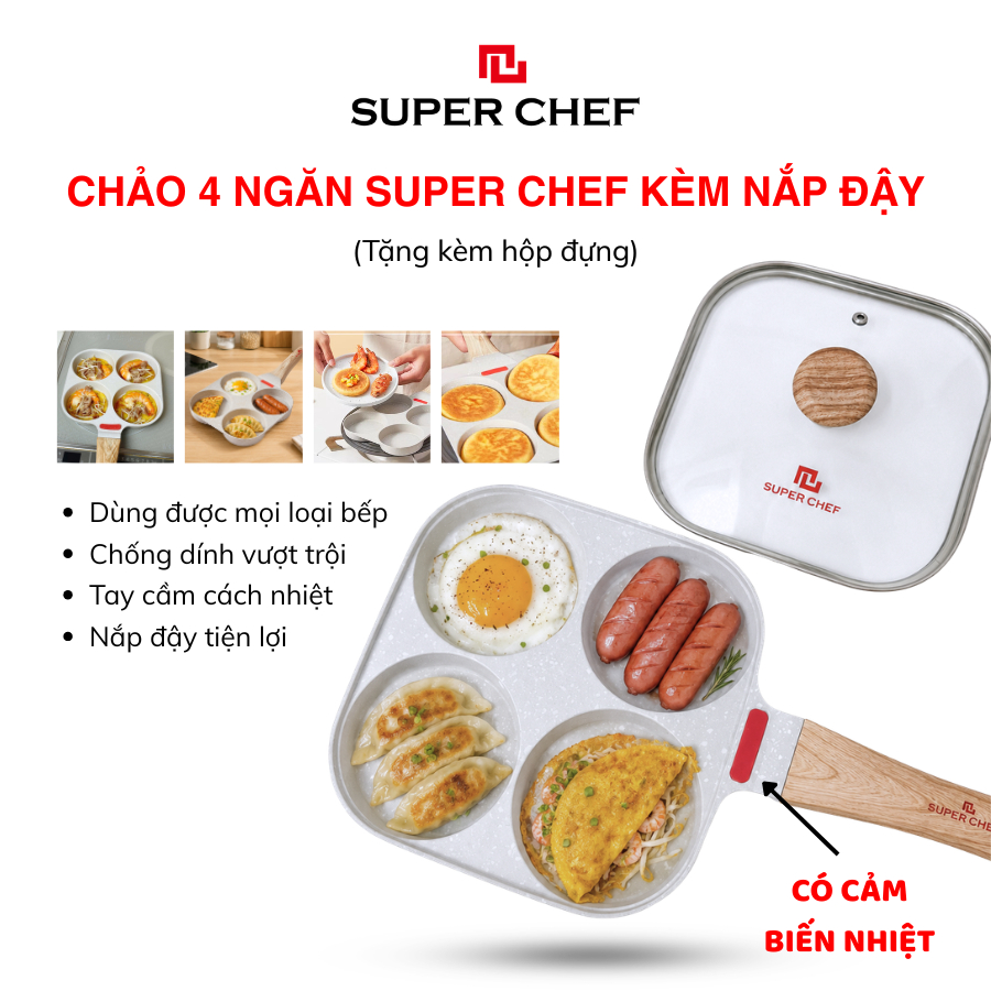 Chảo 4 Ngăn Chống Dính Có Nắp Super Chef Chảo Đổ Bánh Xèo, Làm Bánh Đa Năng Dùng Được Mọi Loại Bếp