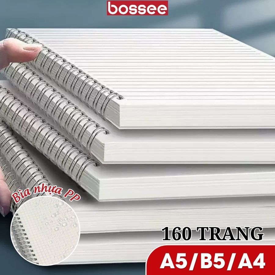 Sổ lò xo bìa trong 160 Trang A5/B5/A4 - Sổ tay giấy kẻ ngang, kẻ caro chống lóa, ghi chép tiện lợi _ Bossee