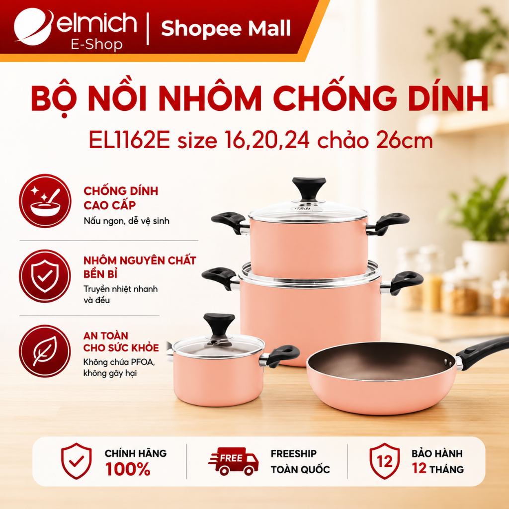 Bộ Nồi Nhôm Chống Dính Elmich 1162E Size 16,20,24, Chảo 26cm – Bền đẹp, chống dính tốt