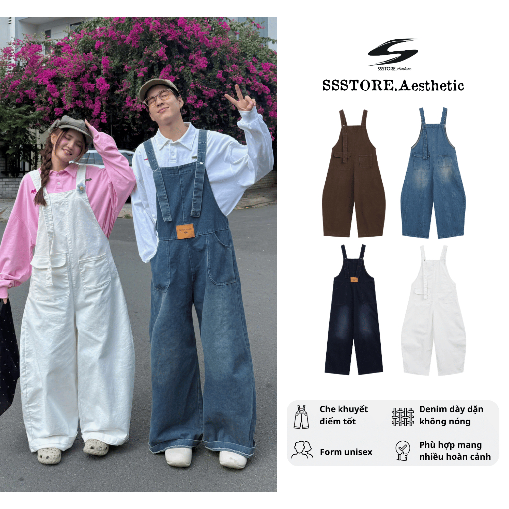 Quần Yếm Jeans SSS.A Form Unisex Túi Rộng Cá Tính Demin Dày Dặn Không Nóng | SSSTore.Aesthetic